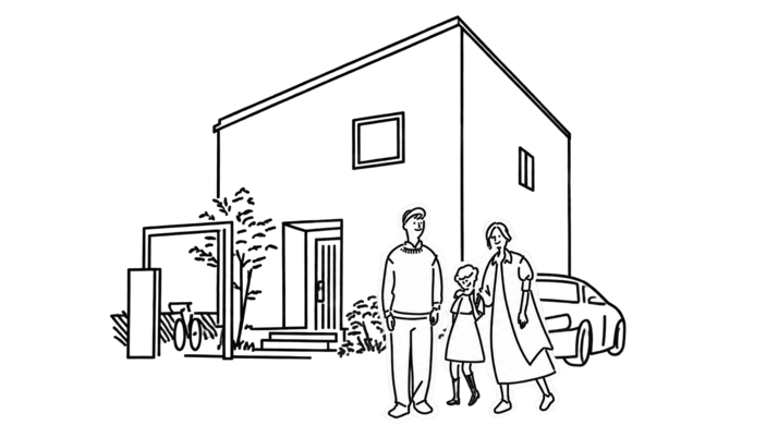 家の前に立つ3人家族